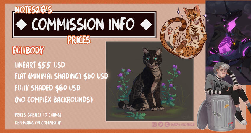 FULLBODY - Lineart = $55 USD Flat (minimal shading) = $60 USD Fully Shaded $80 USD (No complex backgrounds) Prices subject to change.